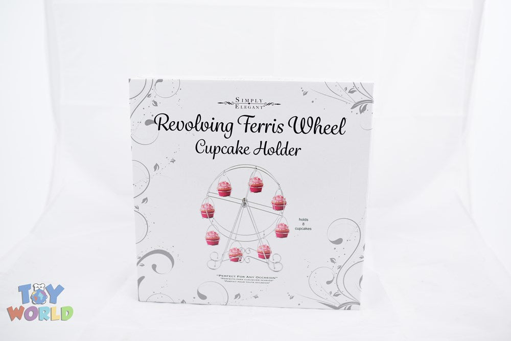 White box packaging with a black and white illustration of a Ferris wheel cupcake holder holding eight pink cupcakes.
