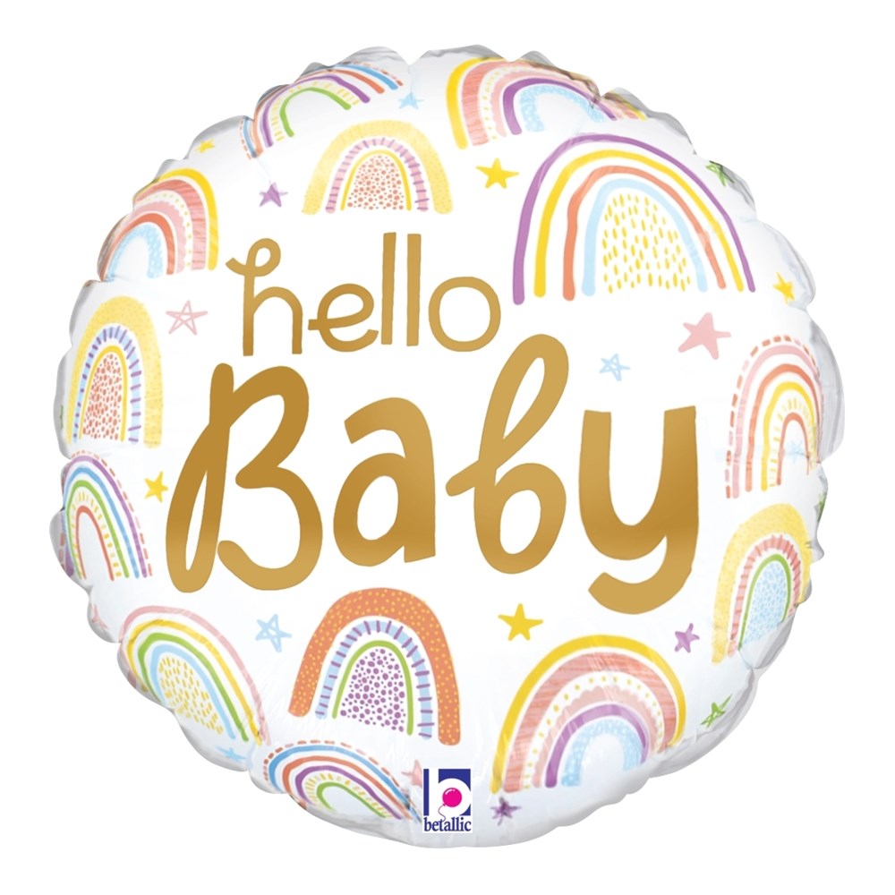 Round white foil balloon with gold "hello Baby" text and colorful pastel rainbows and stars pattern.