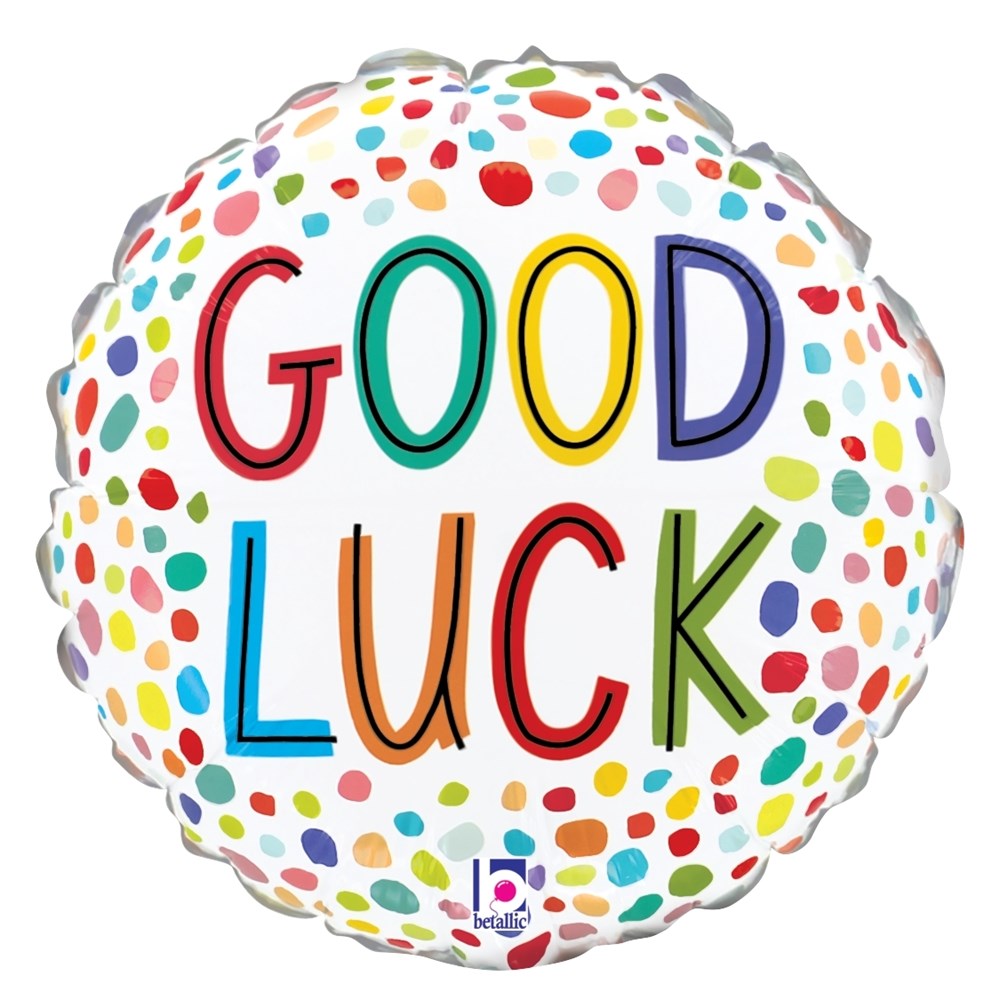 Round foil balloon with colorful polka dots and "GOOD LUCK" in vibrant letters.
