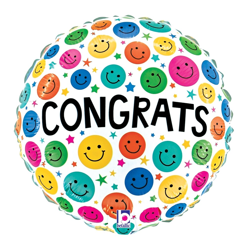 Round white foil balloon with colorful smiling faces and black "CONGRATS" text at center.