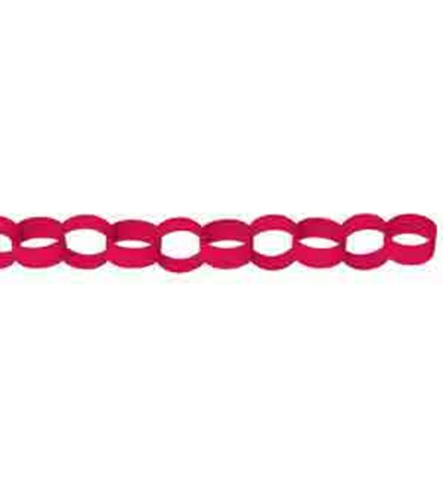Apple red paper chain link garland with oval-shaped links on white background.