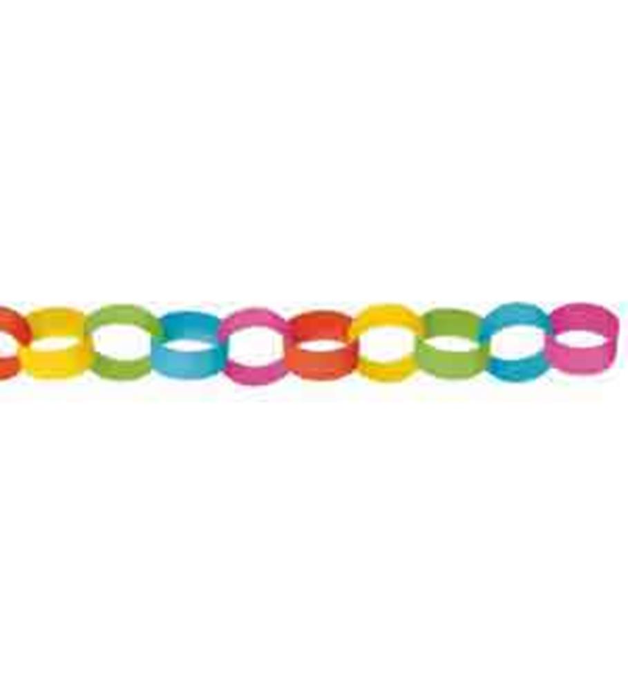 Colorful paper chain garland with alternating red, yellow, green, blue, and pink links, 13 feet long.