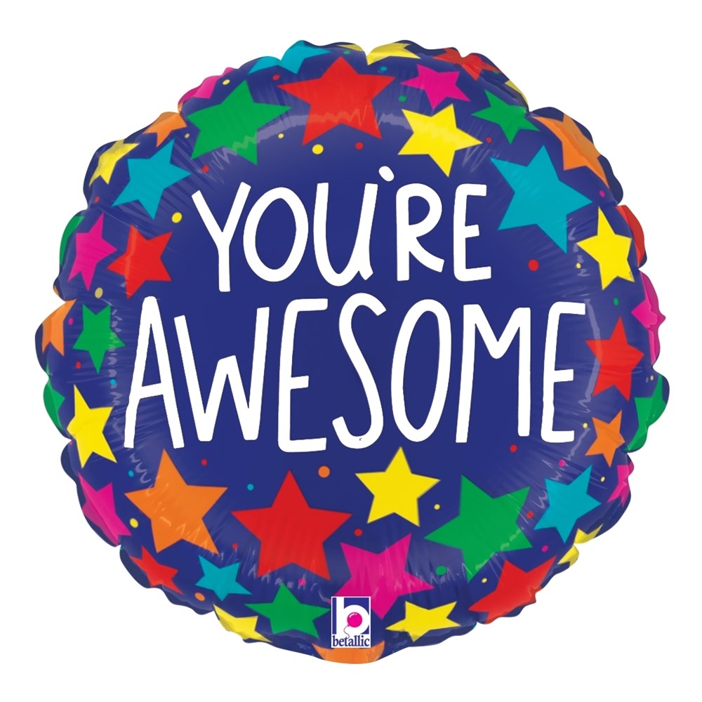 Round blue foil balloon with colorful stars and white text saying "You're Awesome".