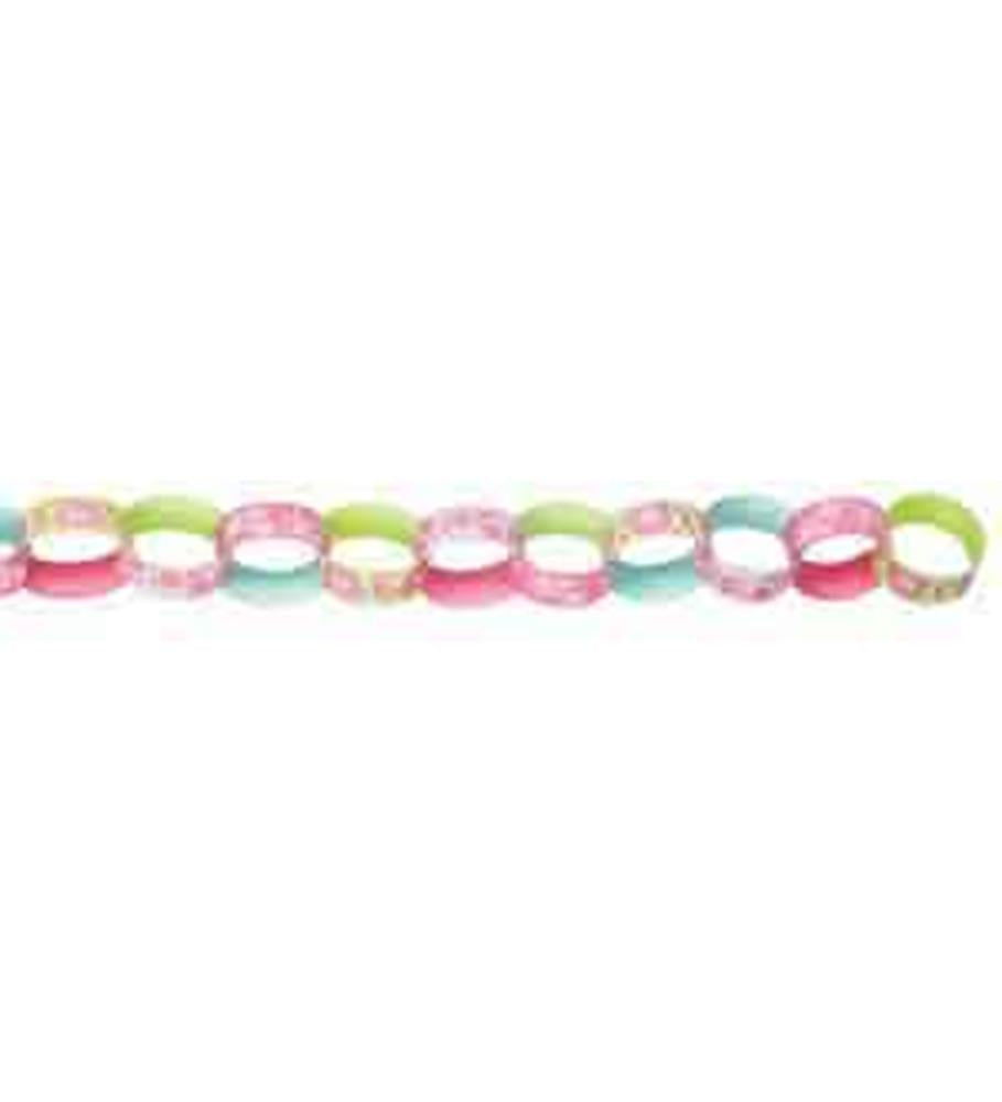 Colorful paper garland chain with interlocking pastel pink, blue, green, and white loops.