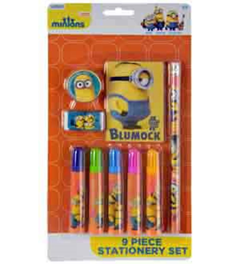 Nine-piece Minions stationery set with colorful markers, yellow pencil case, sharpener, eraser, and pencil in themed.