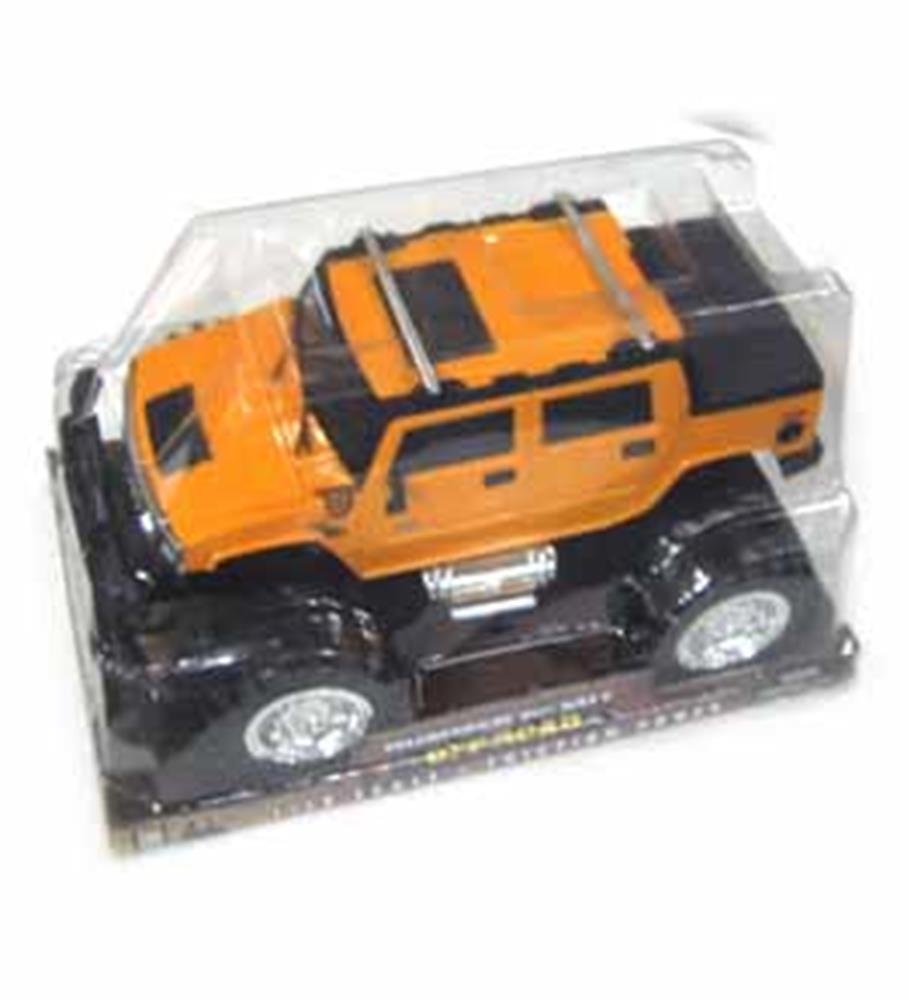 Orange and black toy Hummer H2 truck with large monster wheels inside clear plastic packaging.