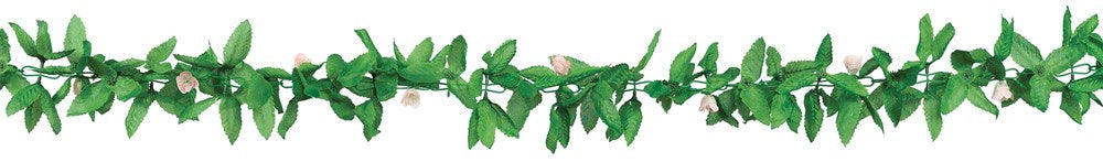 Green artificial leaf garland with multiple lush leaves on brown vine stem, lightweight decoration.