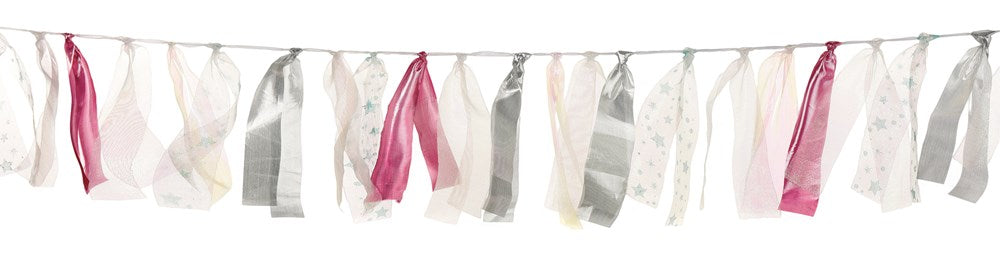 Luminous ribbon garland with sheer pink, white, and silver streamers hanging from a white string.