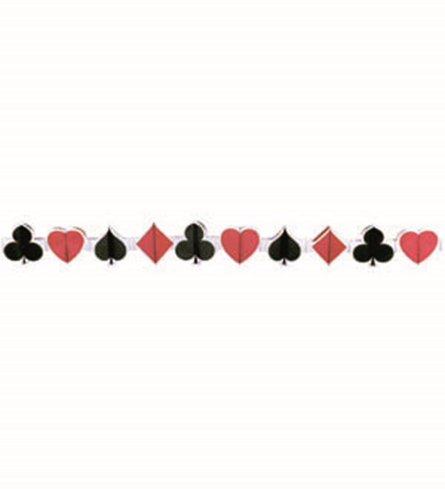 12ft garland with alternating red hearts and diamonds, and black spades and clubs cutouts on string.