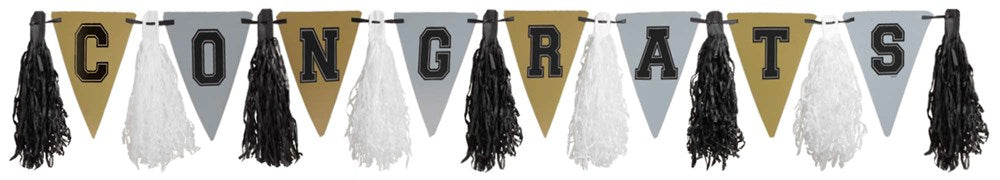 10ft garland with black, gold, and silver tassels and letter flags spelling "CONGRATS".