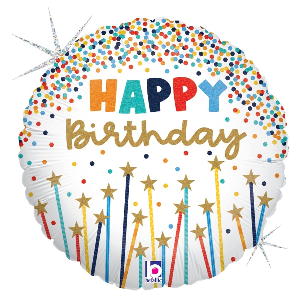 Round white foil balloon with colorful confetti, gold stars, and "Happy Birthday" text in blue, orange, and gold.