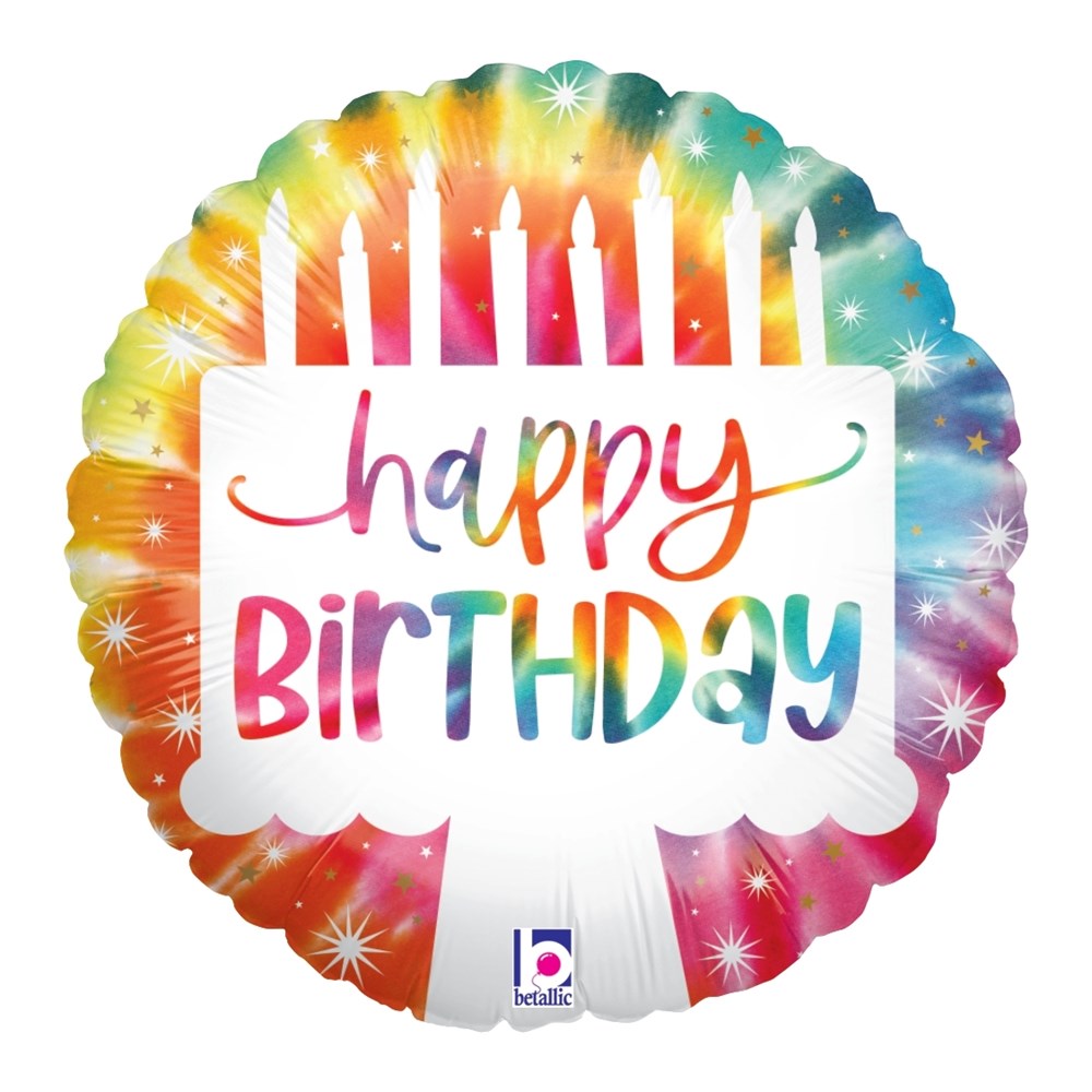 Round foil balloon shaped like a birthday cake with colorful tie-dye pattern and "happy birthday" text in rainbow letters.