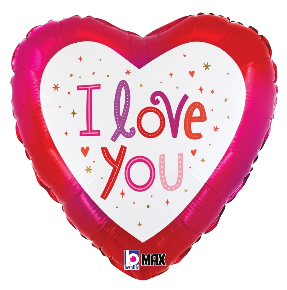 Heart-shaped foil balloon with red and purple border, white center, and "I love you" text in colorful letters surrounded by.