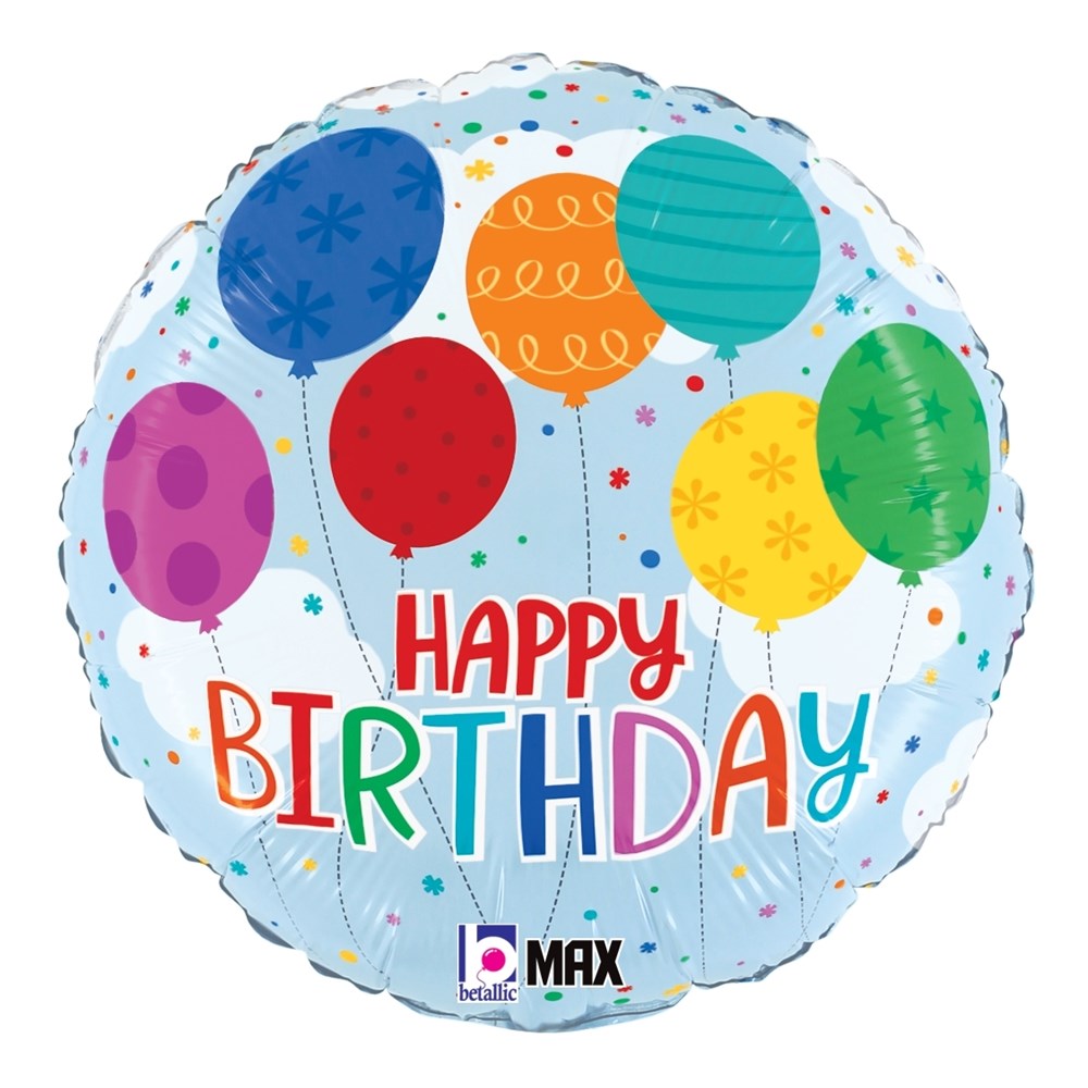 Round foil balloon with colorful balloons and confetti design, "Happy Birthday" text in multicolor letters.