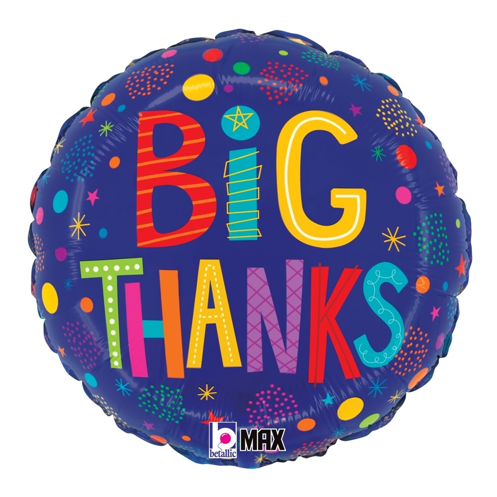 Round blue foil balloon with colorful "BIG THANKS" text and festive confetti designs.