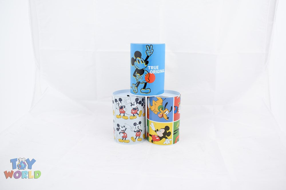 Set of three colorful cylindrical coin banks featuring Mickey Mouse in classic Disney cartoon style.