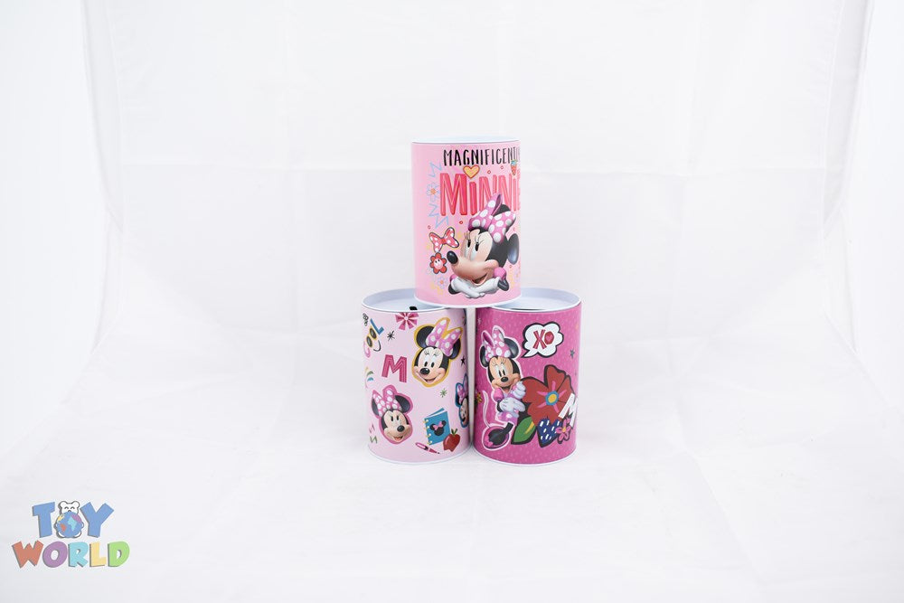 Pink cylindrical Minnie Mouse saving bank with colorful Disney character graphics and a coin slot on top.