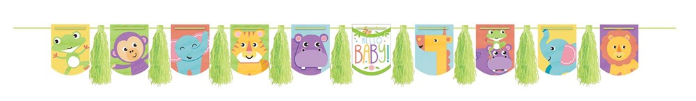 Colorful baby garland with tassels and animal faces in pastel shades, made of soft fabric.