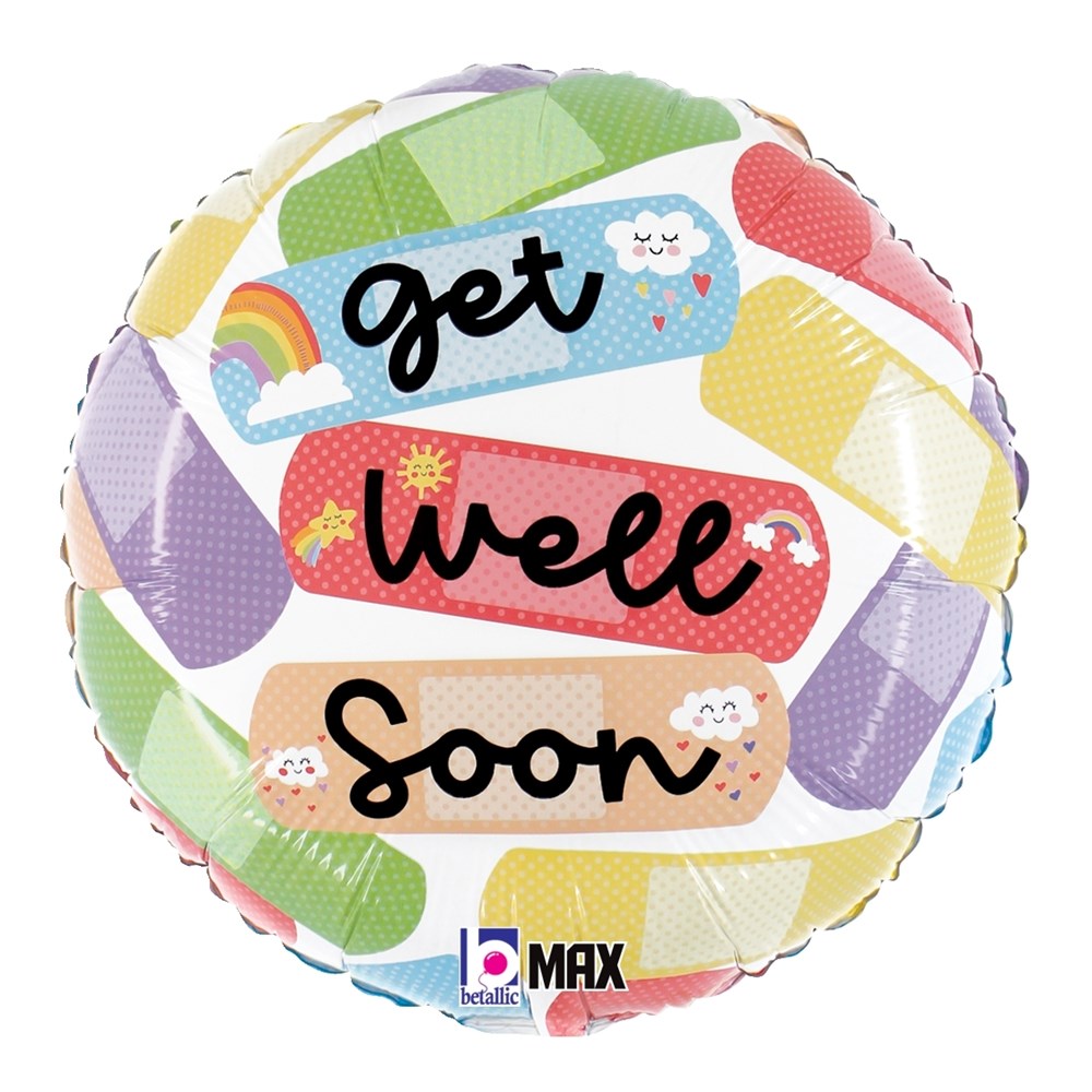 Round foil balloon with colorful cartoon-style bandages and the words "get well soon" in black script.