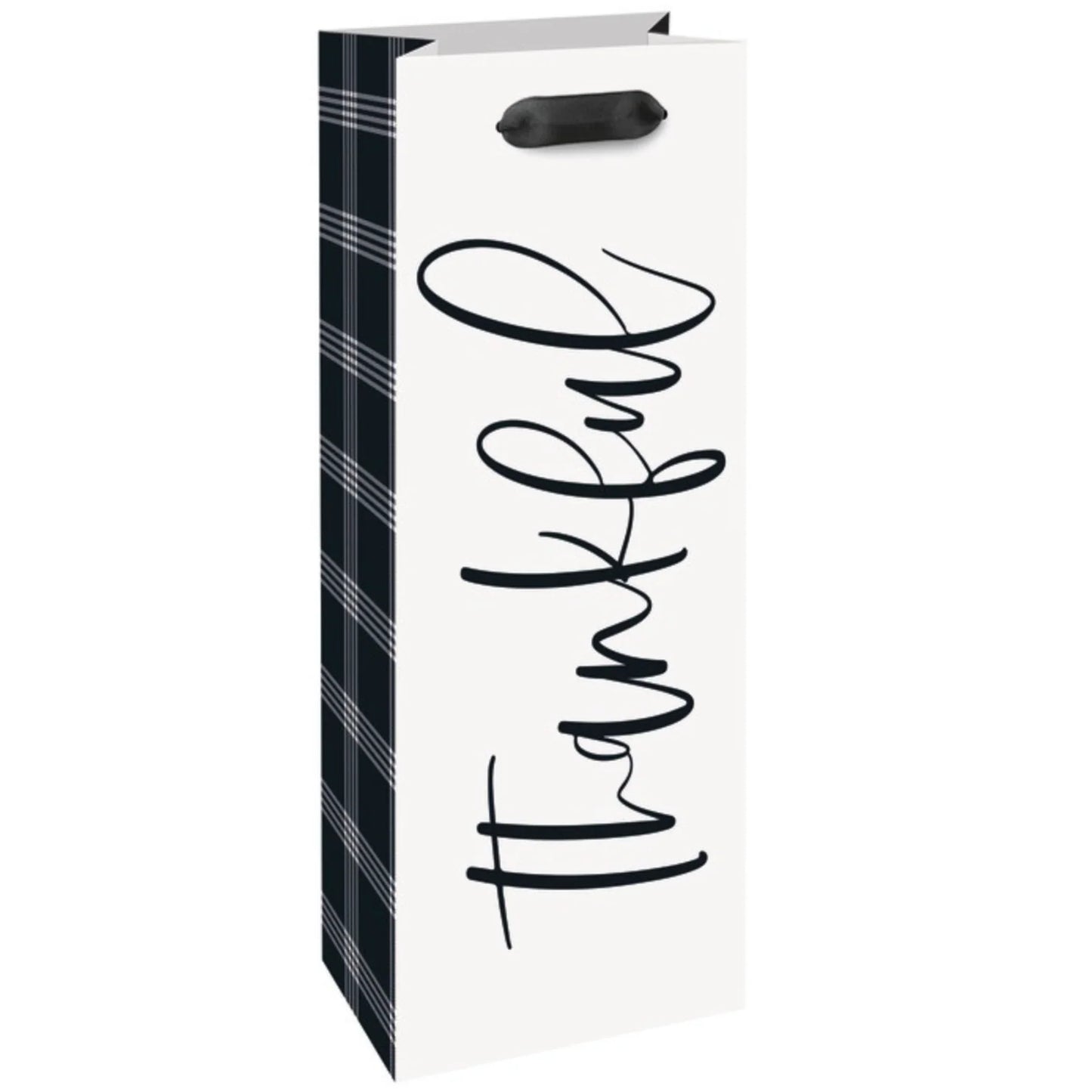 White paper wine gift bag with black plaid sides and "thankful" in black script, black ribbon handles.
