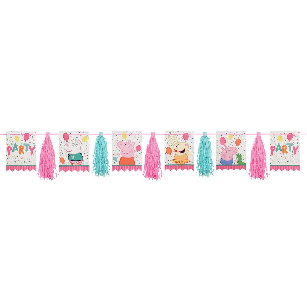 Colorful party garland with Peppa Pig confetti-themed pennants and alternating pink and teal tassels.