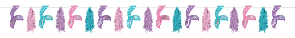 Colorful glitter pennant tassels in pink, teal, and purple shaped like mermaids on a string garland.