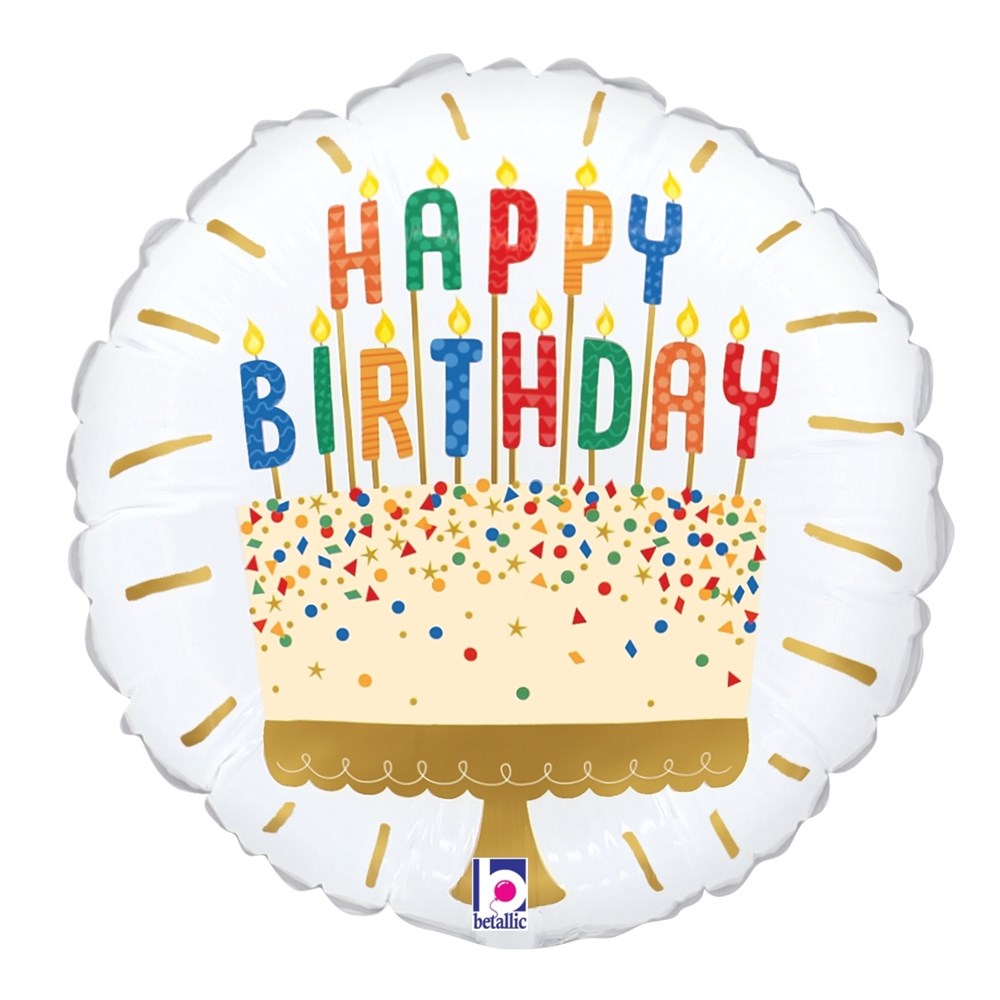 Round white foil balloon featuring a birthday cake with colorful "Happy Birthday" candle letters and multicolored confetti.