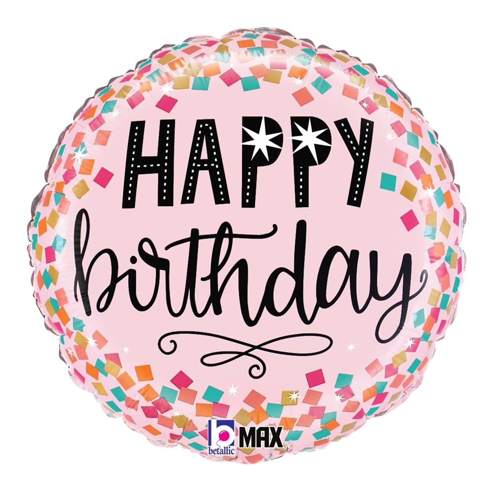 Round pink foil balloon with multicolored confetti border and "Happy Birthday" in black lettering.