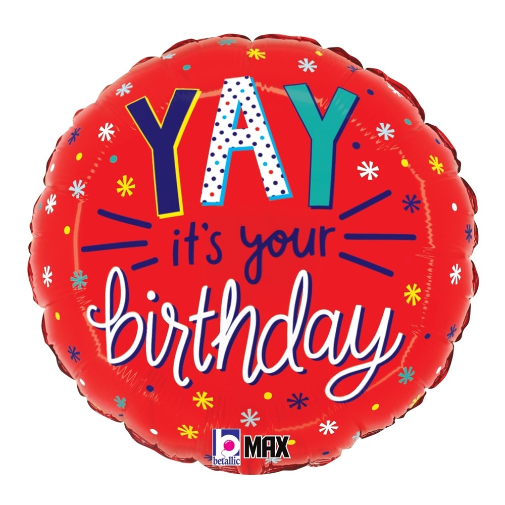 Round red foil balloon with "YAY it's your birthday" in colorful playful fonts and small confetti stars.