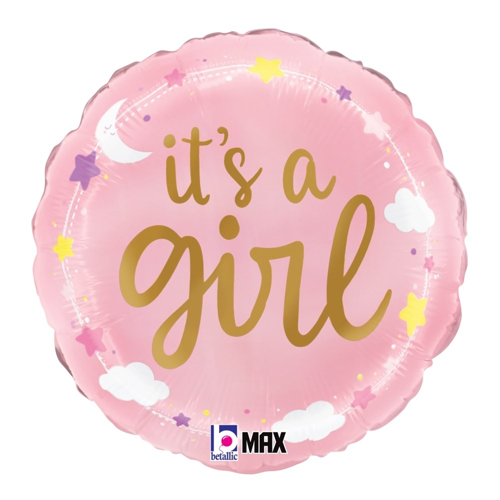Pink round foil balloon with gold "it's a girl" text, decorated with stars, clouds, and a crescent moon.