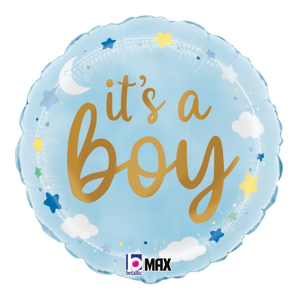 Round light blue foil balloon with gold "it's a boy" text, decorated with stars, clouds, and a crescent moon.
