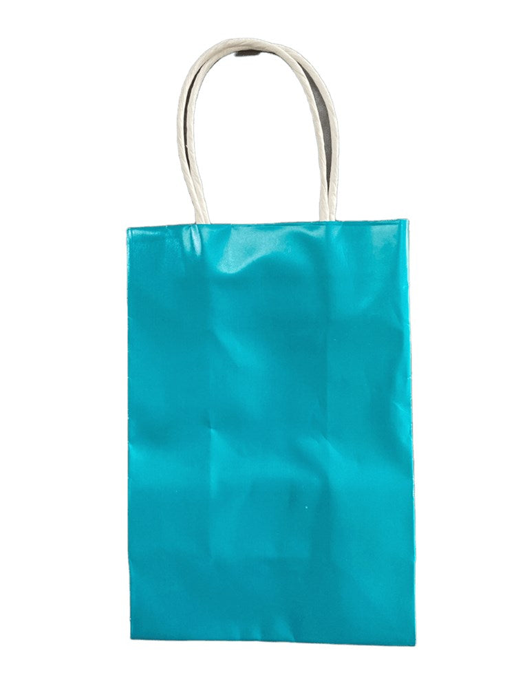 Ocean blue glossy gift bag with twisted white handles, rectangular shape, large size.