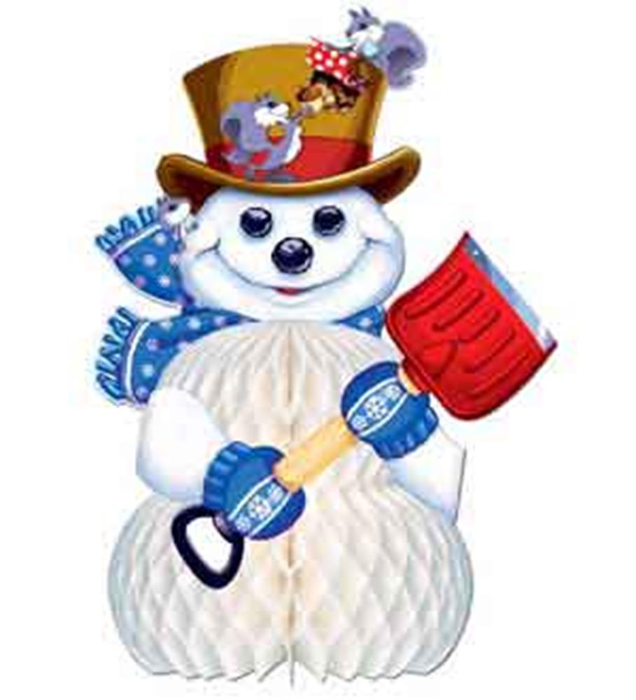 White snowman centerpiece with honeycomb body, blue mittens and scarf, brown top hat with birds, holding red snow shovel.