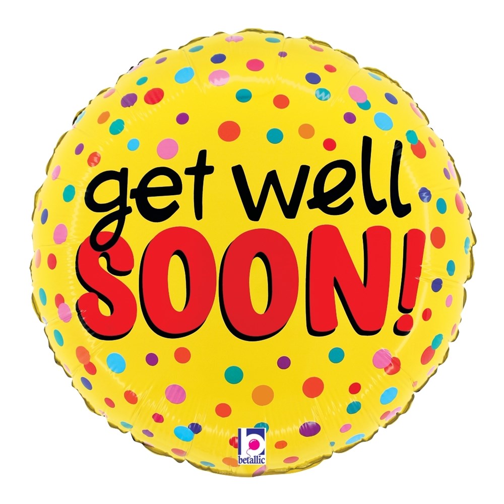 Yellow round foil balloon with multicolored polka dots and bold "get well SOON!" text in black and red.