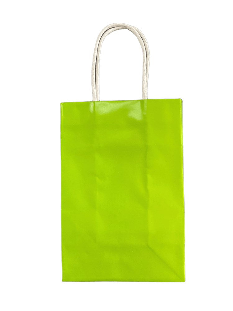 Bright lime green paper gift bag with twisted handles, rectangular shape, medium size.