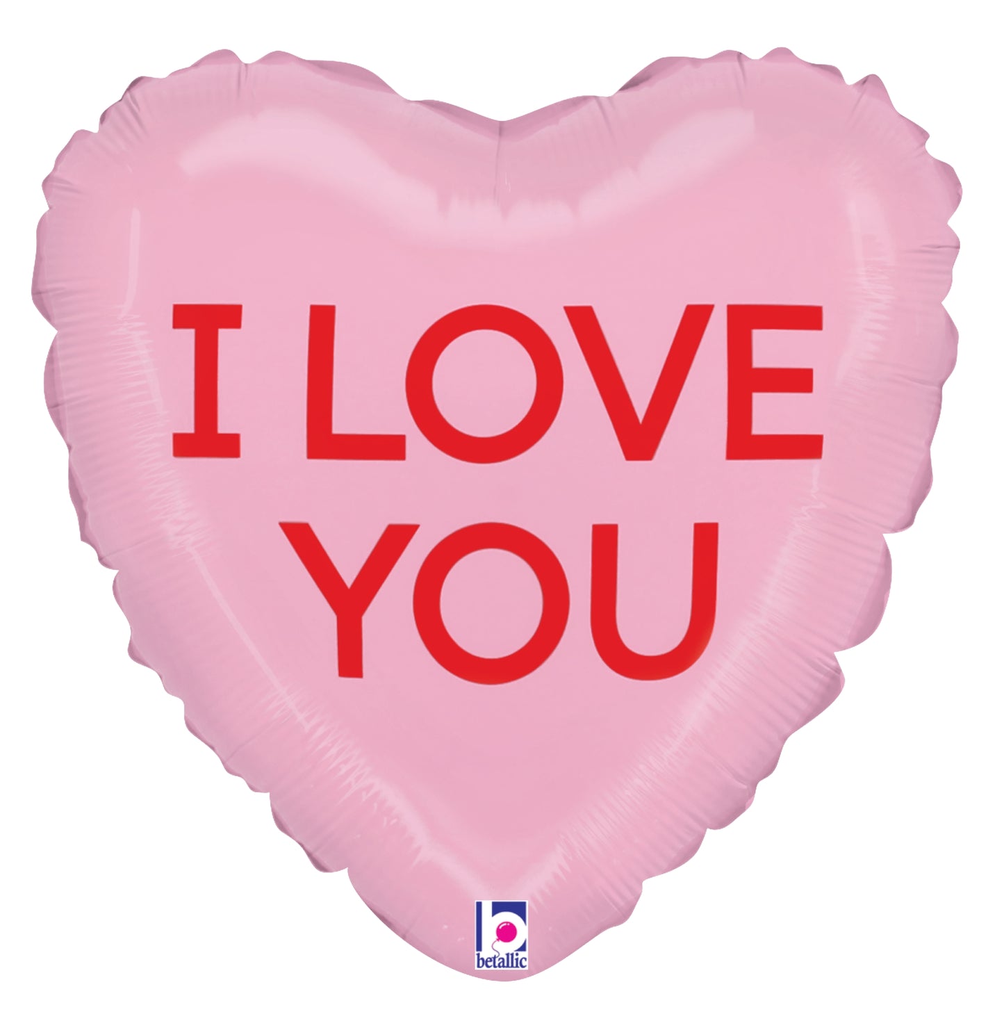 Pink heart-shaped foil balloon with red "I LOVE YOU" text and scalloped edges.