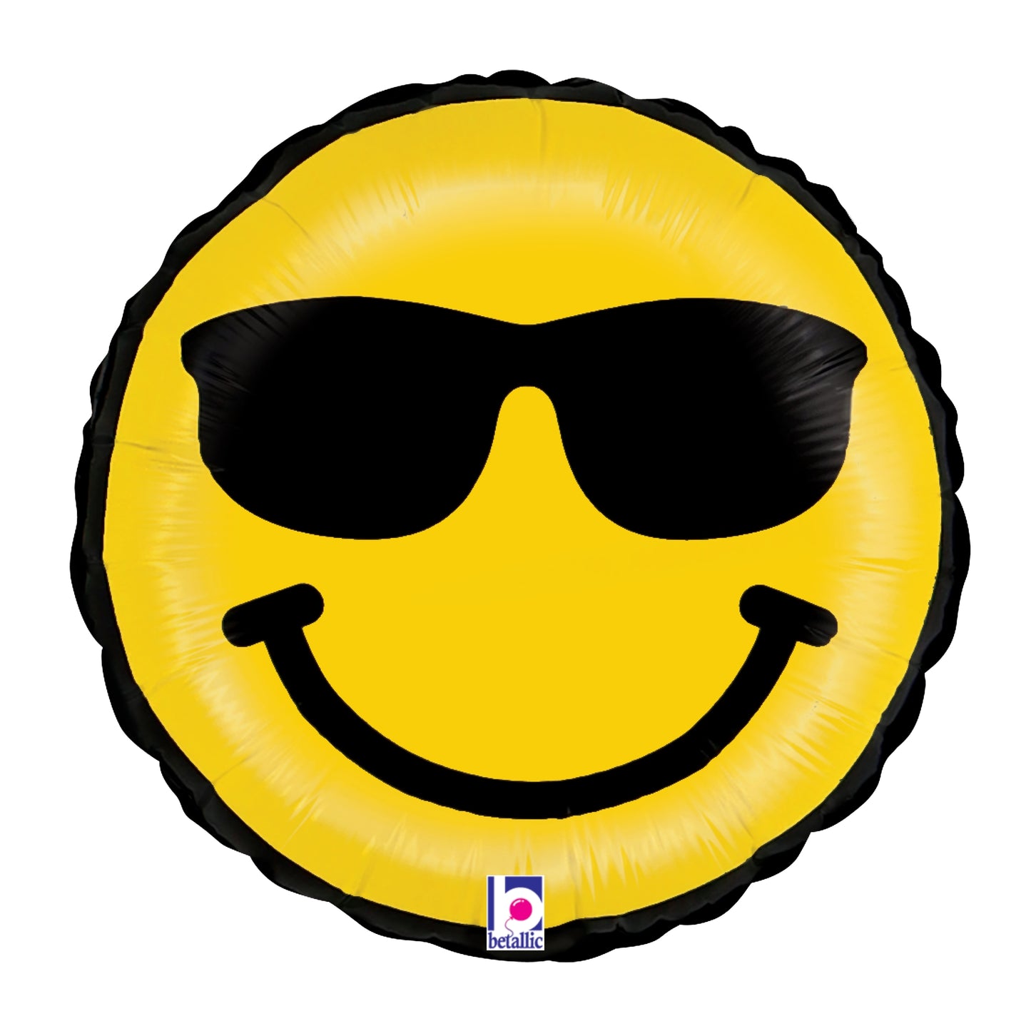 Round yellow foil balloon with a black smiley face wearing sunglasses, 9 inches.