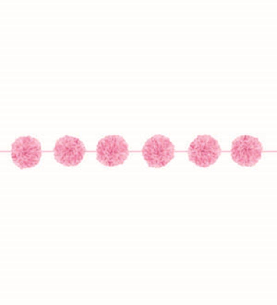 Pink fluffy pom-pom garland with six soft, round balls evenly spaced on a string.