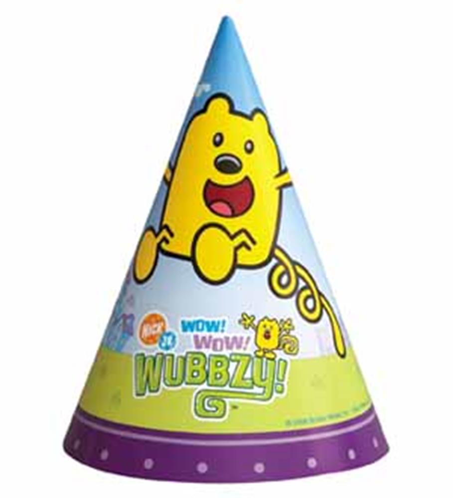 Colorful cone-shaped party hat featuring yellow cartoon character Wubbzy on blue, green, and purple background.