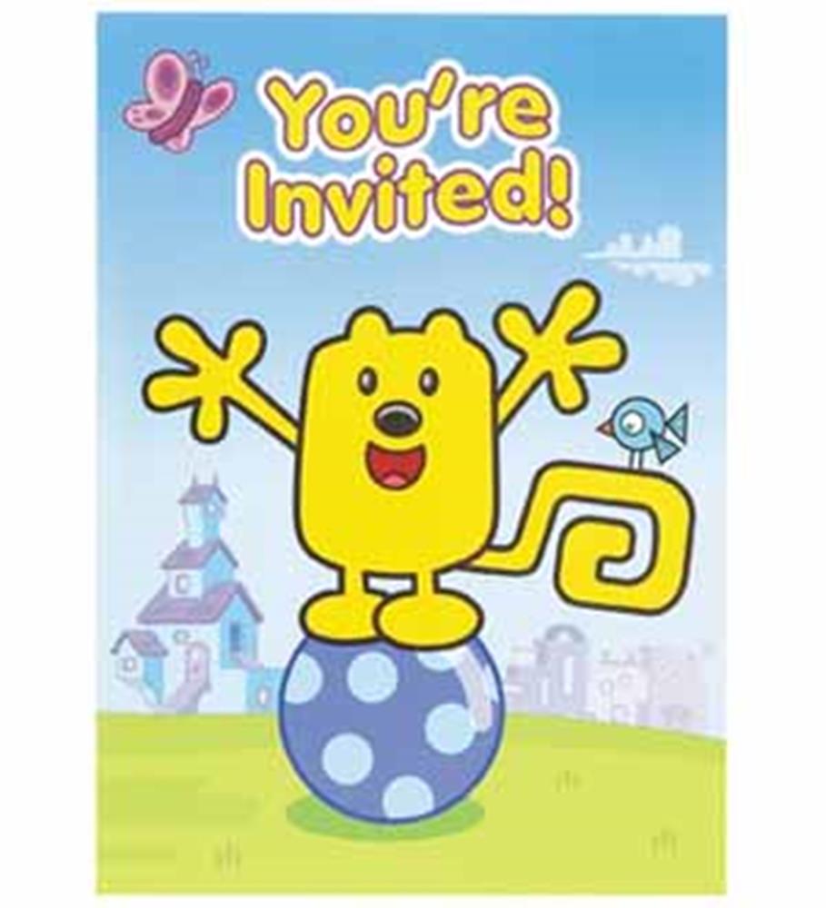 Blue party invitation card featuring yellow cartoon character Wubbzy standing on a blue and white polka dot ball with.