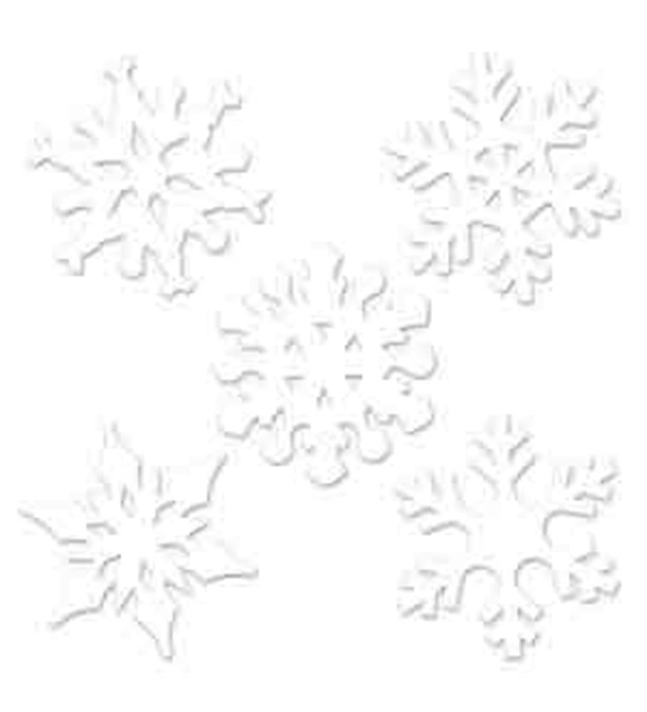 Five white mini snowflake cutouts with intricate symmetrical designs on a plain background.