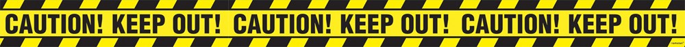 Bright yellow plastic caution tape with bold black text reading "CAUTION! KEEP OUT!" repeated along its length.