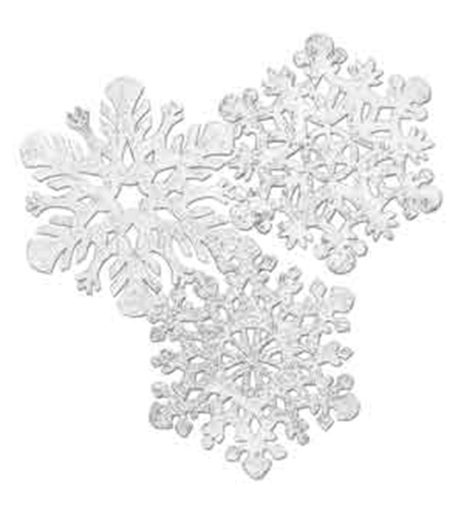 Three silver foil snowflake cutouts with intricate patterns for holiday decoration.