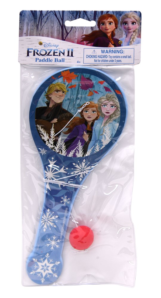 Blue plastic paddle ball with Frozen 2 characters on face and attached red ball.