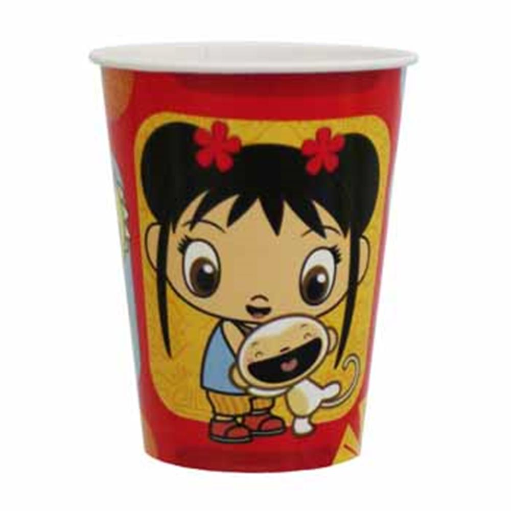 Red disposable cup featuring Ni Hao Kai Lan character holding a white monkey, decorated with gold accents and flowers.