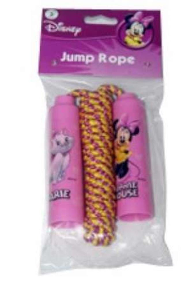 Pink plastic handles with Mickey Mouse and Minnie Mouse images, twisted red and yellow jump rope rope.