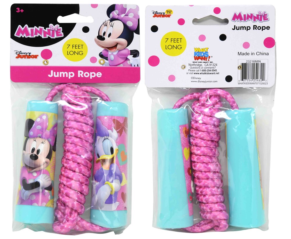 Pink braided jump rope with teal handles featuring Minnie Mouse and Daisy Duck illustrations on packaging.