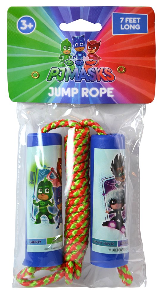 PJ Masks jump rope with blue handles featuring Catboy and Owlette graphics, multicolored braided rope.