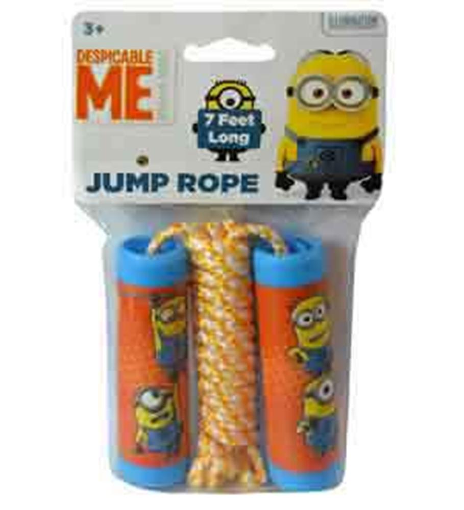 Minions-themed jump rope with blue and orange foam handles and yellow braided rope, 7 feet long.