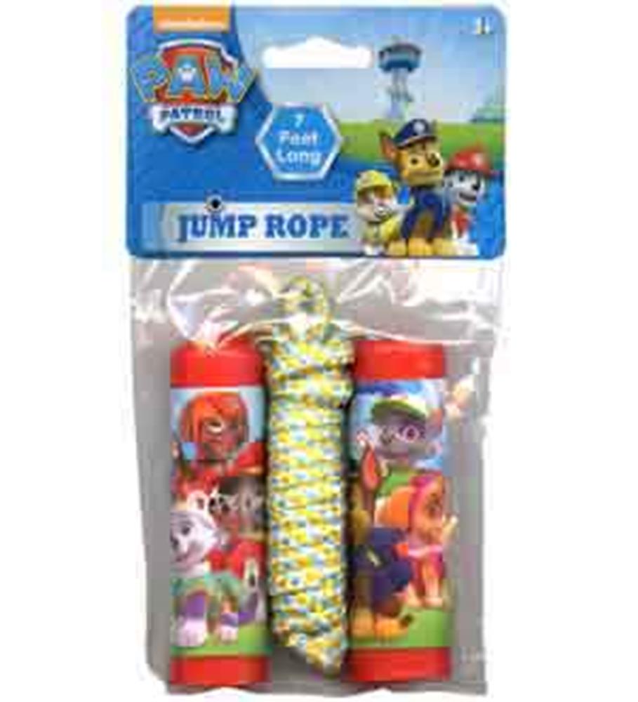 Paw Patrol jump rope with red handles featuring character wraps, yellow and white braided rope in clear packaging.
